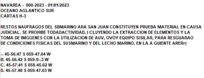SparkySWL's tweet photo. 16806.5 kHz 15:35UTC #Amtor FEC
L2C @PrefecturaNaval Buenos Aires with navigational warnings received with #F6CTE #Multipsk. Here's the warning for the wreckage of the argentinian submarine #ARASanJuan. @SWLingDotCom #hf #dx #swl #amtor @AraLaBusqueda https://t.co/BKjsps9Zl6