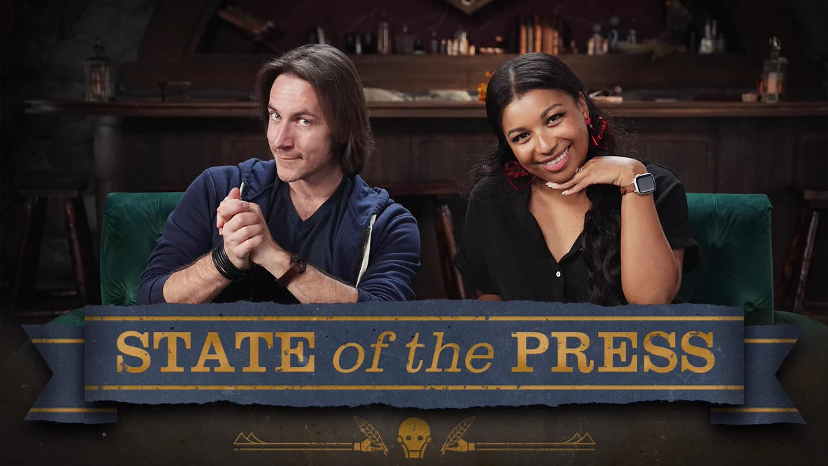 Matthew Mercer and Mica Burton sit behind a banner reading State of the Press in this thumbnail from Darrington Press’ new video!