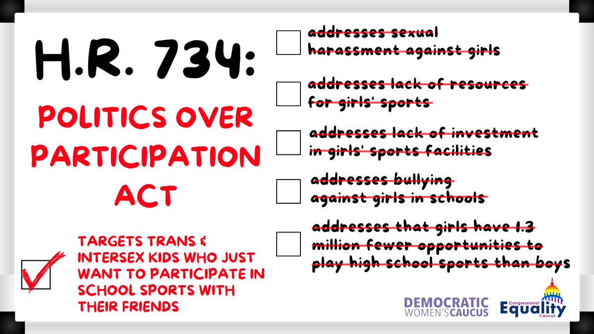 There are real issues impacting women’s sports, like unequal resources & sexual harassment—but House Republicans are prioritizing attacking trans & intersex kids.

I stand with the @DemWomenCaucus & @EqualityCaucus in opposing HR 734 & I’m proud to vote NO today. #LetKidsPlay