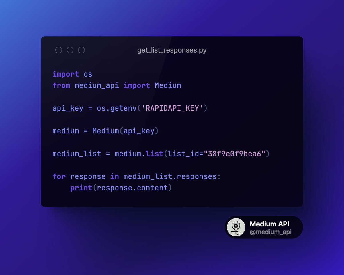 medium_api's tweet image. Get Comments on Medium List Using Python! 💬✨

🚀 pip install medium-api

#MediumAPI