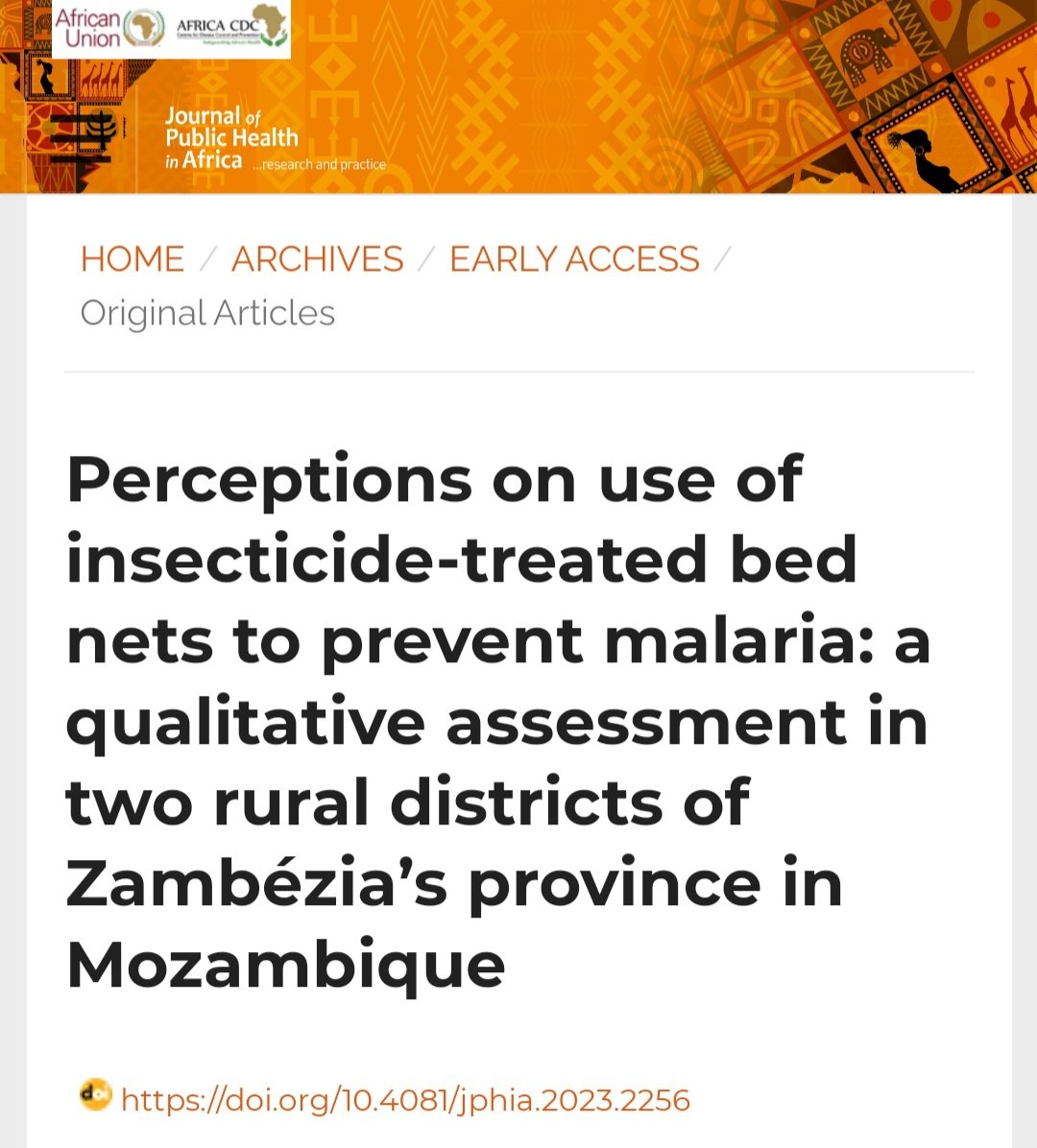 CaneReka's tweet photo. Our latest paper on #Perceptions on use of insecticide-treated #bednets to prevent malaria in Zambezia's province, #Mozambique is out on #JournalofPublicHealthinAfrica @PagePgp Find more here: https://t.co/QoAgL9csV5 https://t.co/B9vLdjTQnn
