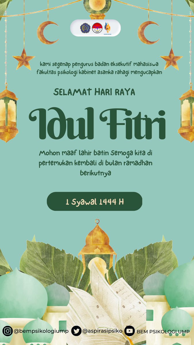 Assalamualaikum wr.wb..

Kami segenap Pengurus Badan Eksekutif Mahasiswa Fakultas Psikologi  Kabinet Asanka Rahagi Periode 2022/2023 mengucapkan

Taqabbalallahu minna wa minkum. Minal aidin wal faizin. Mohon maaf lahir dan batin. Selamat hari Raya Idul Fitri 1444 H.