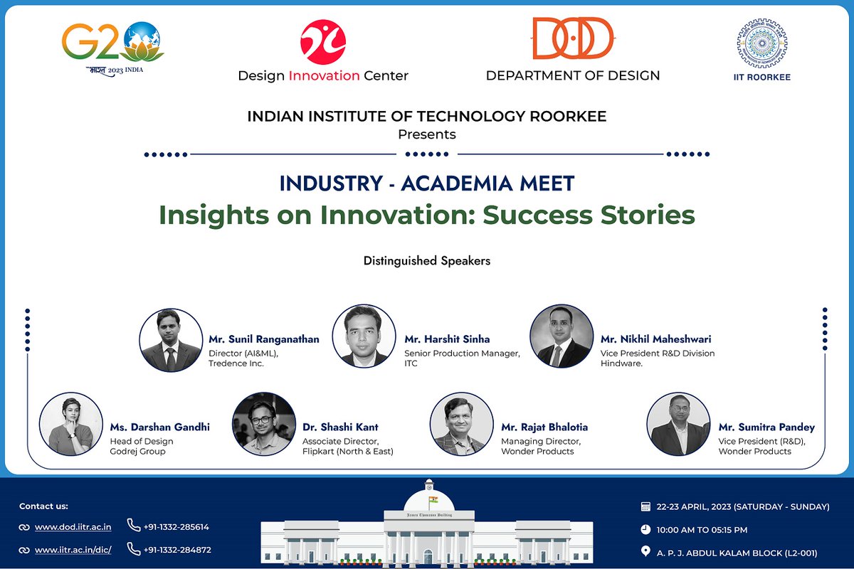 iitroorkee's tweet photo. Department of Design, @iitroorkee, presents an Academia-Industry Workshop on "Insights on Innovation: Success Stories" at IIT Roorkee on April 22-23, 2023. Join us to learn how academia and industry can collaborate to drive innovation.

#Innovation #AcademiaIndustryCollaboration https://t.co/mZoepFiqHY