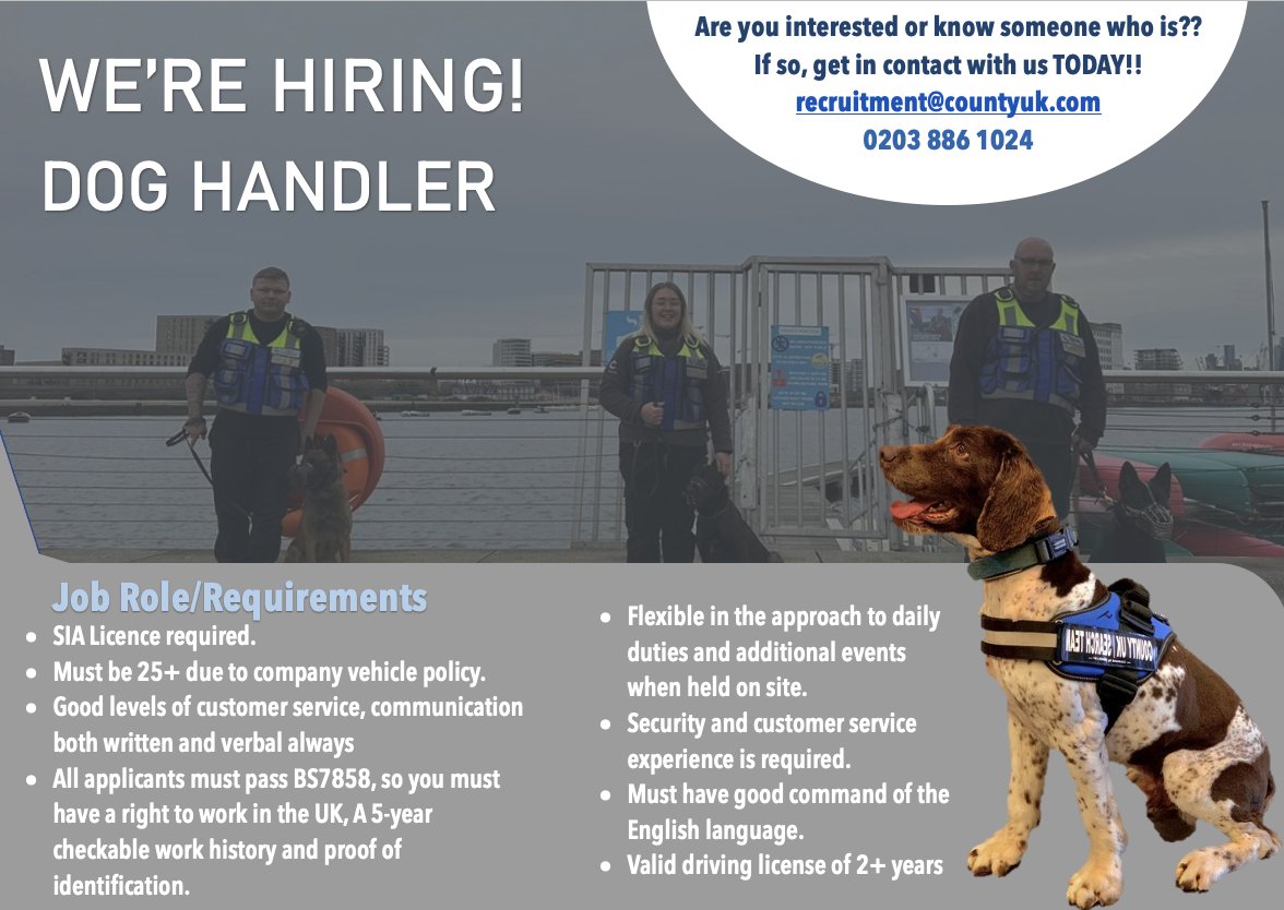 CountySecu's tweet photo. Are you interested in Dog Handling?? 

WE ARE HIRING!!  

Due to our ongoing growth we are recruiting for driven individuals. If you are interested or know someone who could be, get in contact with us either via email or call us.  

#county #job #hiring https://t.co/nEdvmFoFIu