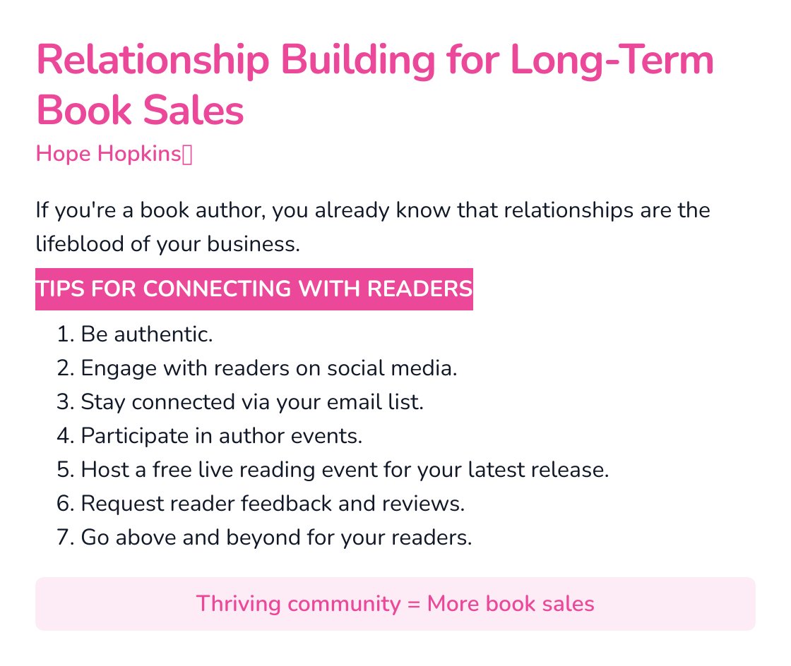 hopehwrites's tweet photo. Relationship Building for Long-Term Book Sales
#authortips #bloggingauthors #authorswhoblog https://t.co/d9t57lz3DK