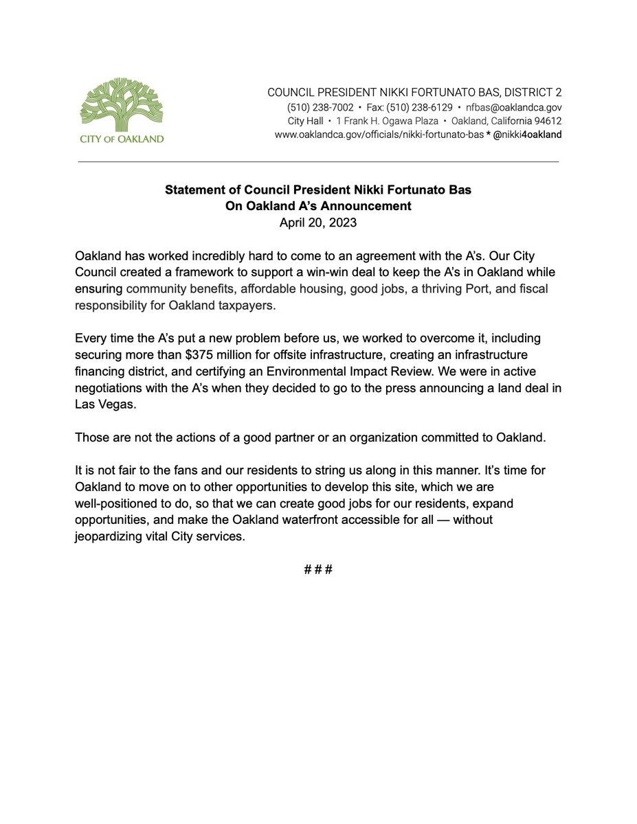 Nikkiforallofus's tweet photo. My statement on Oakland A's. @oakland has worked incredibly hard to reach an agreement with the A's. Countless residents have engaged in the community benefits process. I thank everyone who has worked for a win-win deal. The A's are not committed to Oakland. It's time to move on. https://t.co/6Vm4BtZOb3