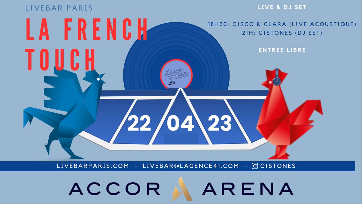 Accor_Arena's tweet photo. Le samedi 22 avril, passe au Live Bar avec tes potes pour une soirée frenchy 🇫🇷

Réserve ta place gratuitement ➡️ https://t.co/a3et2SNuBk https://t.co/HOC4TgGfw0