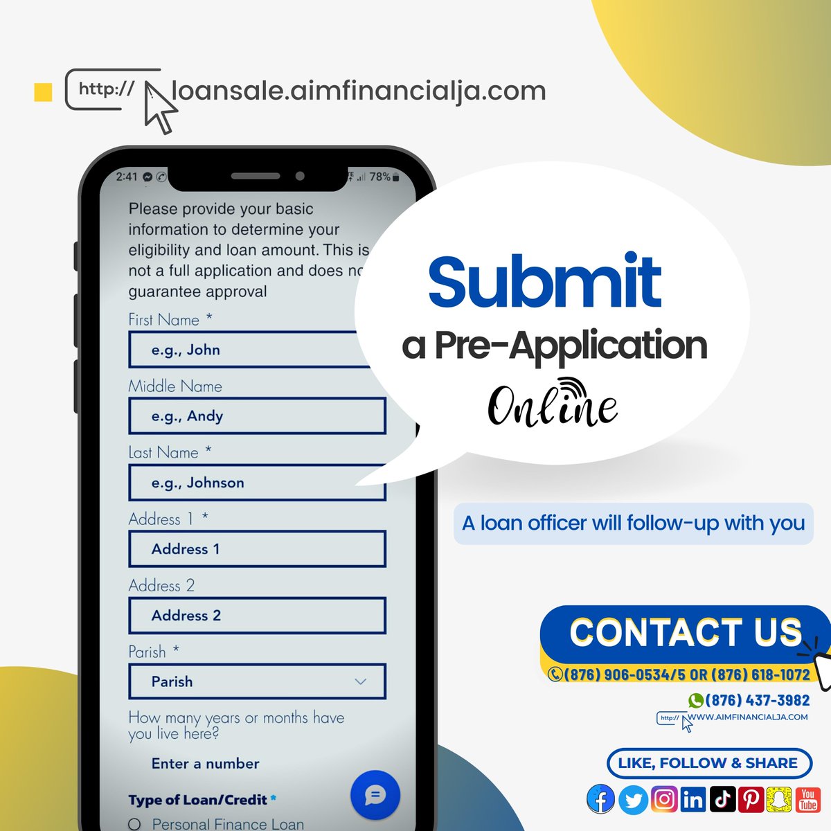 aimfinancialja's tweet photo. Click the link to submit a pre-application to AIM Financial and our loan officers will be in touch.

No guarantor? No problem! WhatsApp us or visit us at a branch near you. 

#AIMFinancialJA #LoanApproved #NoGuarantorLoans #PersonalLoan #Motorvehicleloan https://t.co/UjmCkGy60i