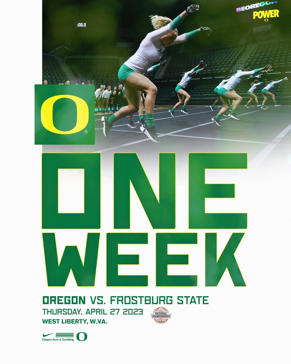 OregonAcroTumb's tweet photo. We’re 7️⃣ days away from the first round of the NCATA National Tournament!

#GoDucks #power https://t.co/F67jJSXv3T