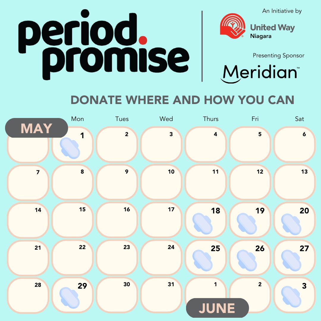 On May 1, United Way launches the #PeriodPromise collection campaign. Thanks to presenting sponsor <a href="/MeridianCU/">Meridian CU</a>, we will be in more communities this year! Make an impact on period poverty and menstrual equity. #Collect #Donate #BeTheChange  periodpromiseniagara.com/pages/get-invo…