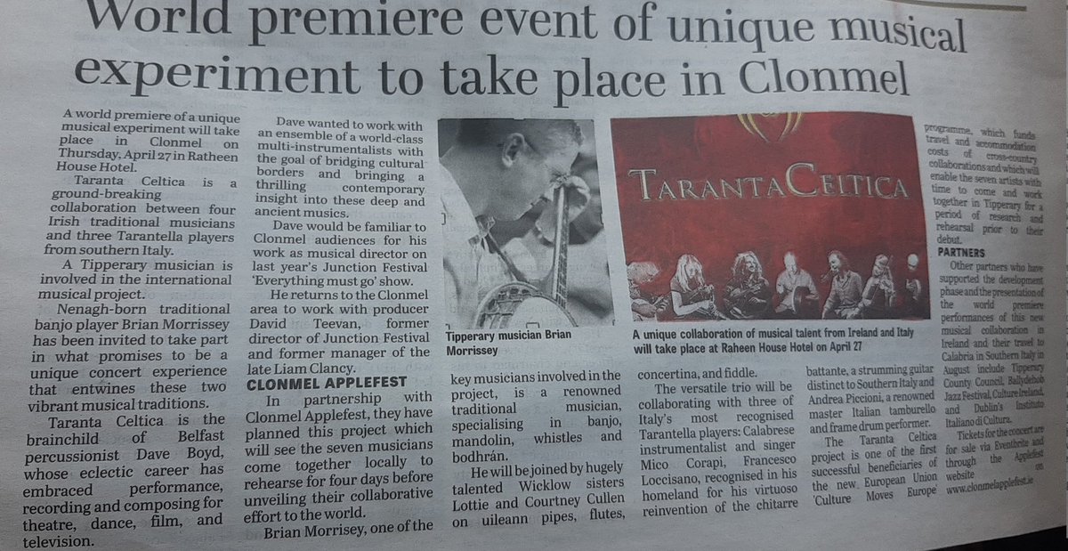 clonmelapplefe1's tweet photo. Good to see @tarantaceltica, our forthcoming partnership with #ten42productions and @ballydehobjazz featured in @TheNationalist - an unique 'incendiary' collaboration between 3 #tarantella musicians & 4 #tradmusicians with world premiere next thursday at @HotelRaheen ๐ฅ๐ฅ๐ฅ https://t.co/qAxM0vj5Ni