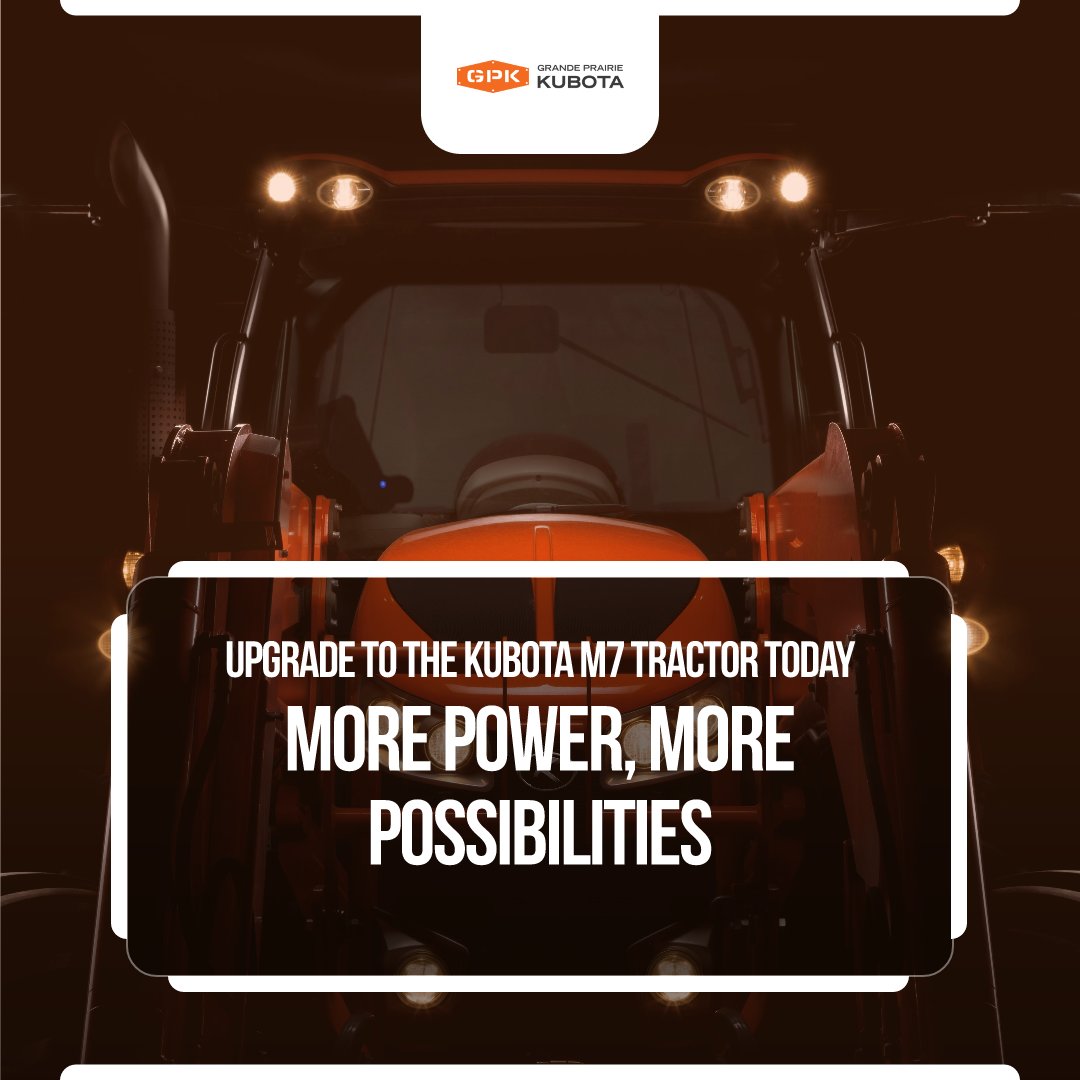 GP_Kubota's tweet photo. Upgrade your farming game with the Kubota M7 tractor! Experience unbeatable efficiency, precision, and performance with the ultimate workhorse for any farm job. Take advantage of 0% financing options and trust in the service of Grande Prairie Kubota. #KubotaM7 #KeepItOrange https://t.co/rzGhKdz7S9