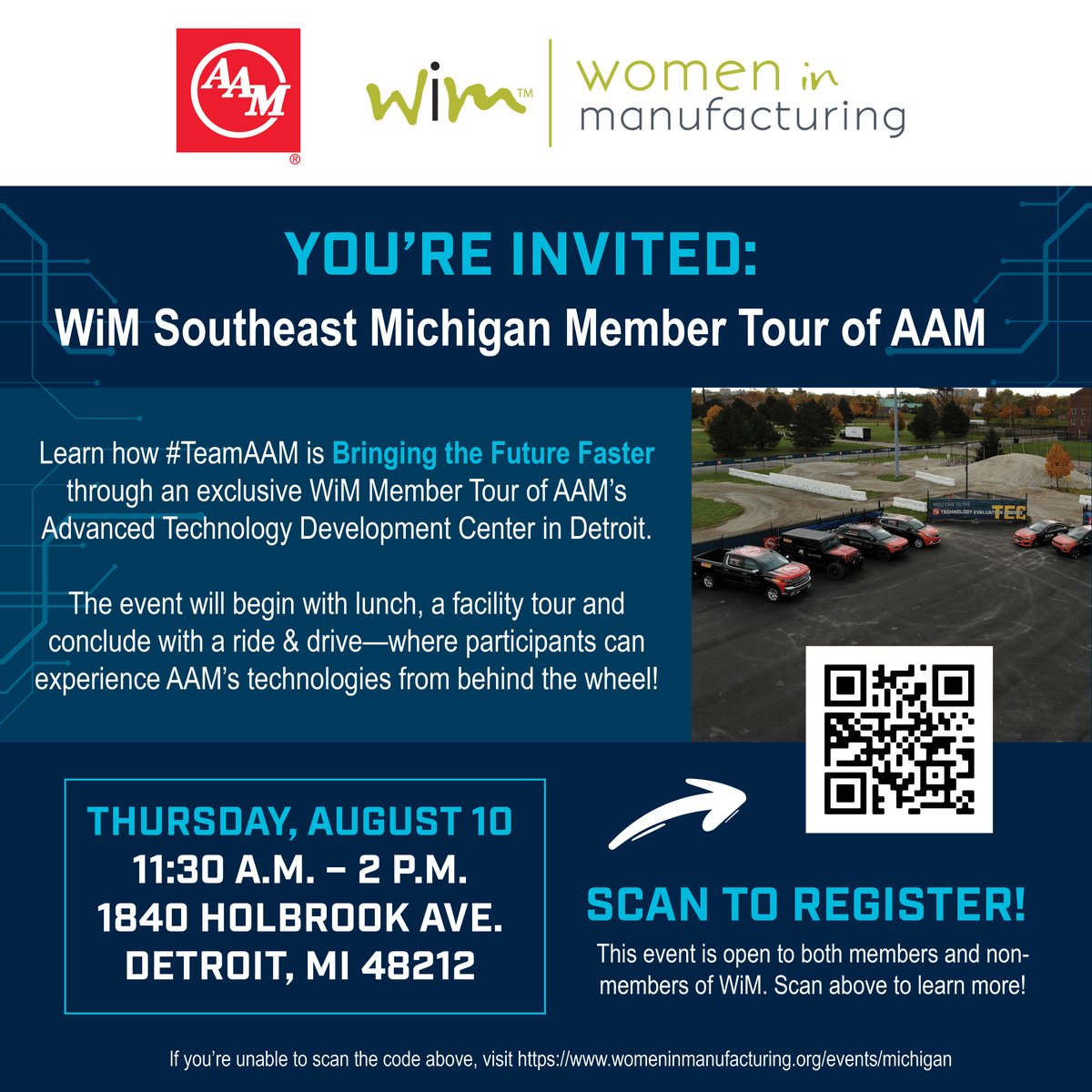 SAVE THE DATE: On Thursday, August 10, AAM is hosting a @WomeninMFG Southeast Michigan Member Tour of our Advanced Technology Development Center in Detroit. RSVP here: womeninmanufacturing.org/events/michigan