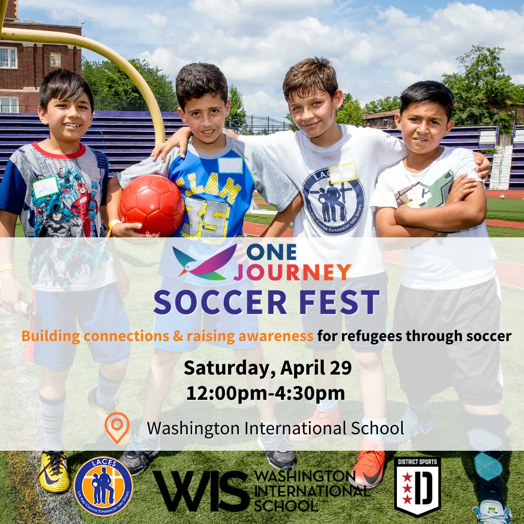 lacesport's tweet photo. Come join L.A.C.E.S and District Sports at the OneJourney Soccer Fest on Saturday, April 29th from 12:00-4:30 p.m.! Activities ranging from adult 7v7 tournaments to volunteer opportunites, all to benefit the refugee community through soccer! #lacesport #onejourney #districtsports https://t.co/wET3a1SqRX