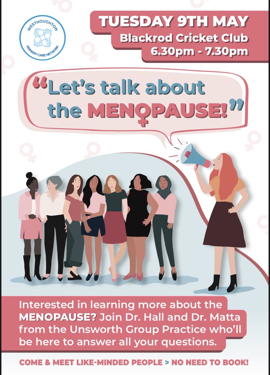 WesthoughtonPCN's tweet photo. Would you like to speak to our Menopause experts Dr Hall and Dr Matta at an informal event for ALL? 
Come to Blackrod Cricket Club on 9th May, 6.30pm.  This conversation is way overdue!! 🙌🏾📢 #LetsTalkMenopause #Menopause #PeriMenopause https://t.co/6HS8I5gUQ6