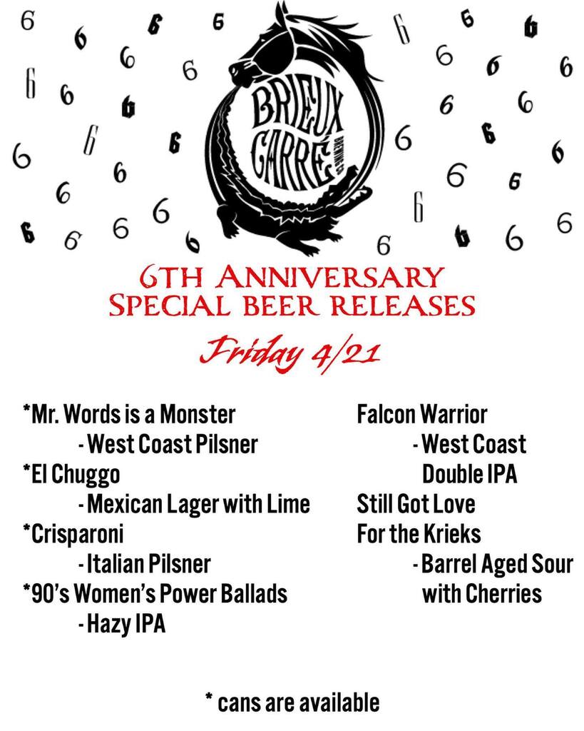 𝟔𝐭𝐡 𝐀𝐧𝐧𝐢𝐯𝐞𝐫𝐬𝐚𝐫𝐲 𝐁𝐞𝐞𝐫 𝐑𝐞𝐥𝐞𝐚𝐬𝐞𝐬
We’ve put together a list of all the special releases coming out this weekend! We’ll have all of these plus the 14 beers on our current menu rotating all weekend! instagr.am/p/CrQ2PkXr-Wo/