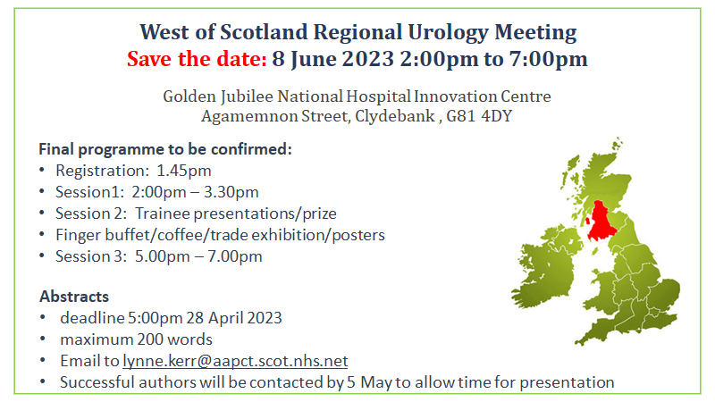 BAUSurology's tweet photo. 👀 West of Scotland Urology Meeting

SAVE THE DATE: Thursday 8 June - 2pm to 7pm

Golden Jubilee National Hospital Innovation Centre, Clydebank

ABSTRACTS DEADLINE: 5:00pm 28 April

Please register via this form: https://t.co/okS1RNR0z1

@BSoT_UK @LynneKerrUrol https://t.co/T72mOnUvpj