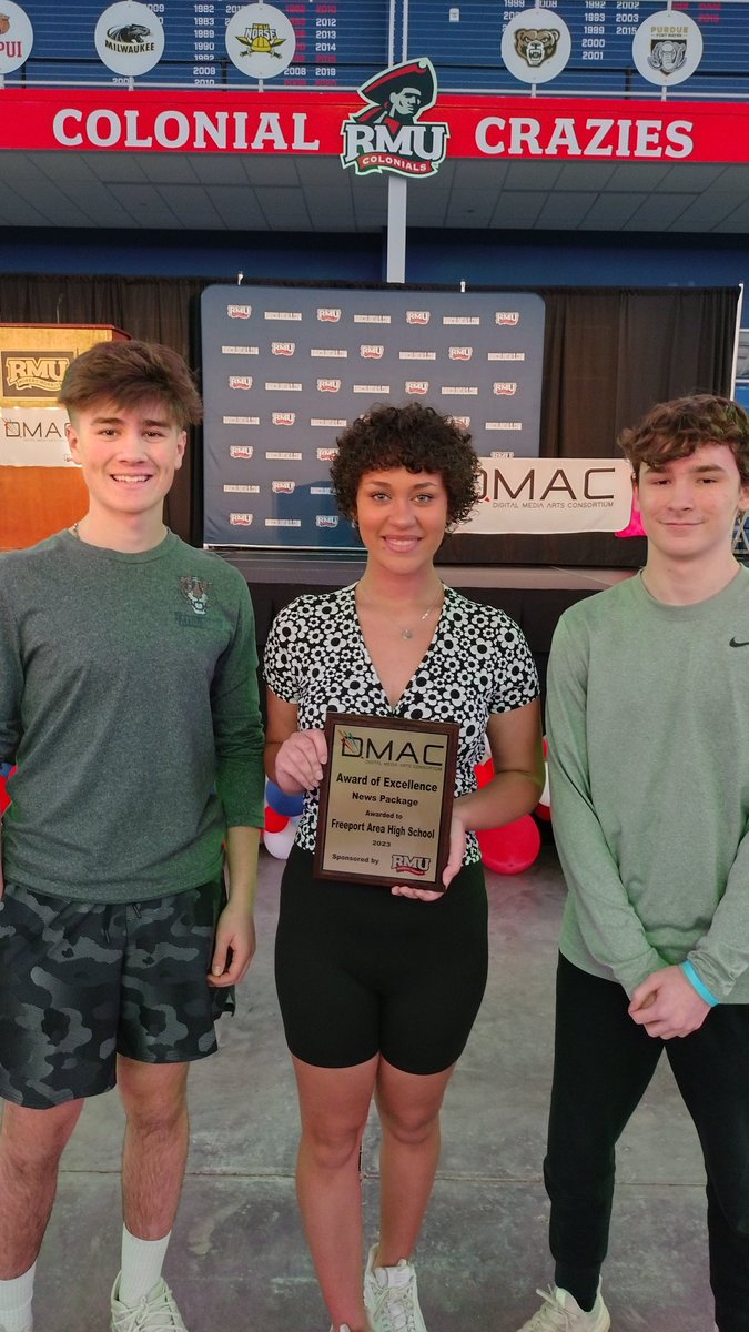 BeeTVFreeport's tweet photo. Olivia Robertson, Michael Geiser and Holden Palisin are honored for their News Package about the making of the musical documentary at the DMACs at RMU. https://t.co/LSwnW1X1aH