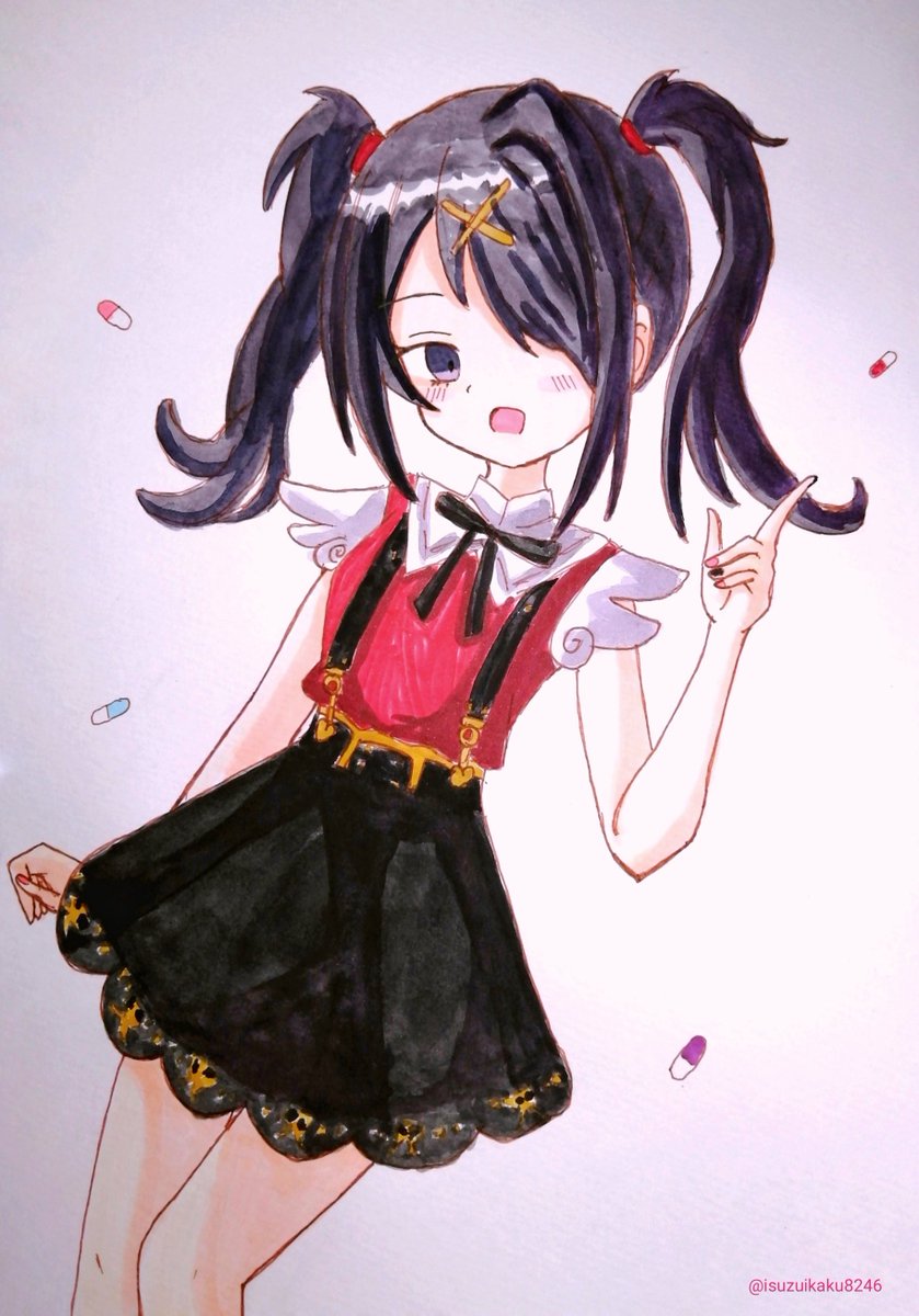 1girl pill solo suspenders twintails black hair skirt  illustration images