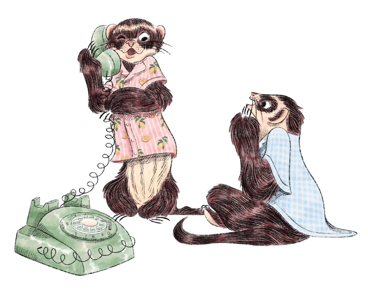Funky ferrets on the phone at a slumber party for IG challenge #kidlitart #artistsontwitter