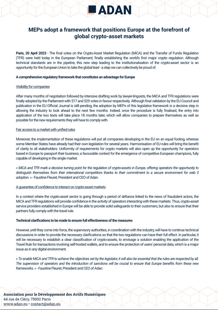 The @Europarl_EN approved #MiCA and #TFR regulations this afternoon. One of  the final steps that will put the EU 🇪🇺 at the global forefront of #crypto  markets, even though technical clarifications are