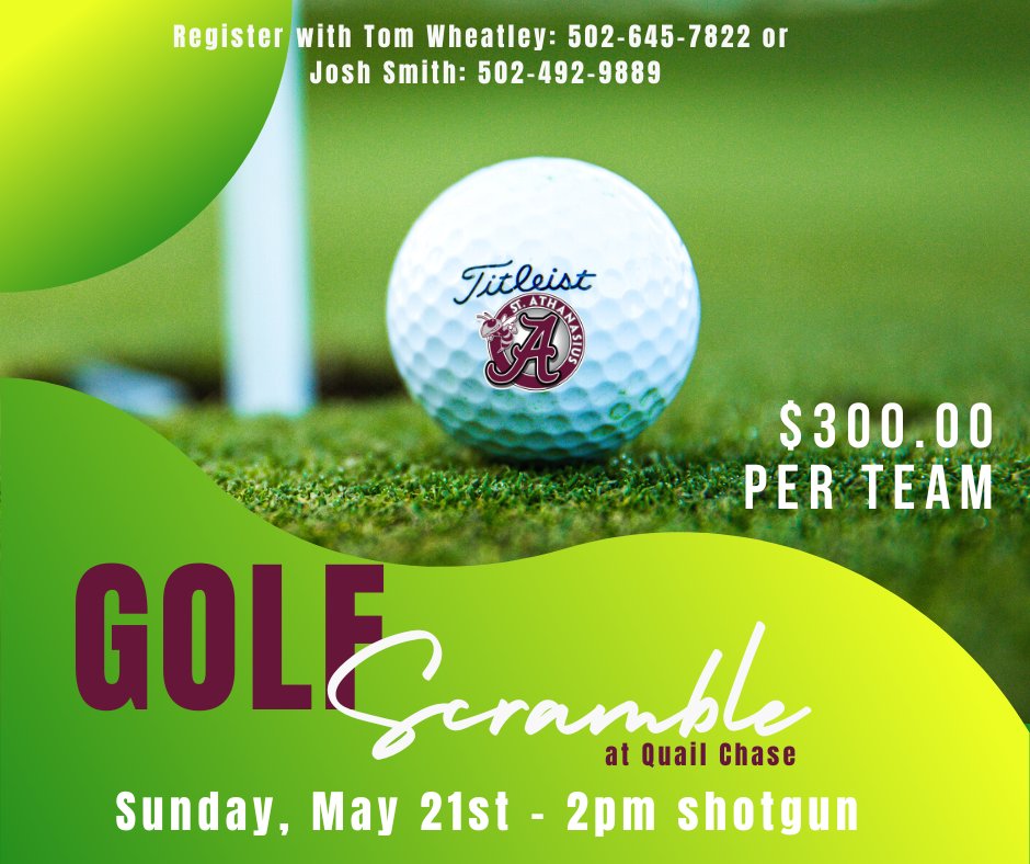 StALouisville's tweet photo. Have you signed up for our Saint Athanasius Golf Scramble yet? Join us Sunday, May 21st at Quail Chase Golf Course.  The price per team is $300 and includes both golf and lunch.  You may register your team with either Tom Wheatley: 502-645-7822 or Josh Smith: 502-492-9889 https://t.co/CKYHq7FffG