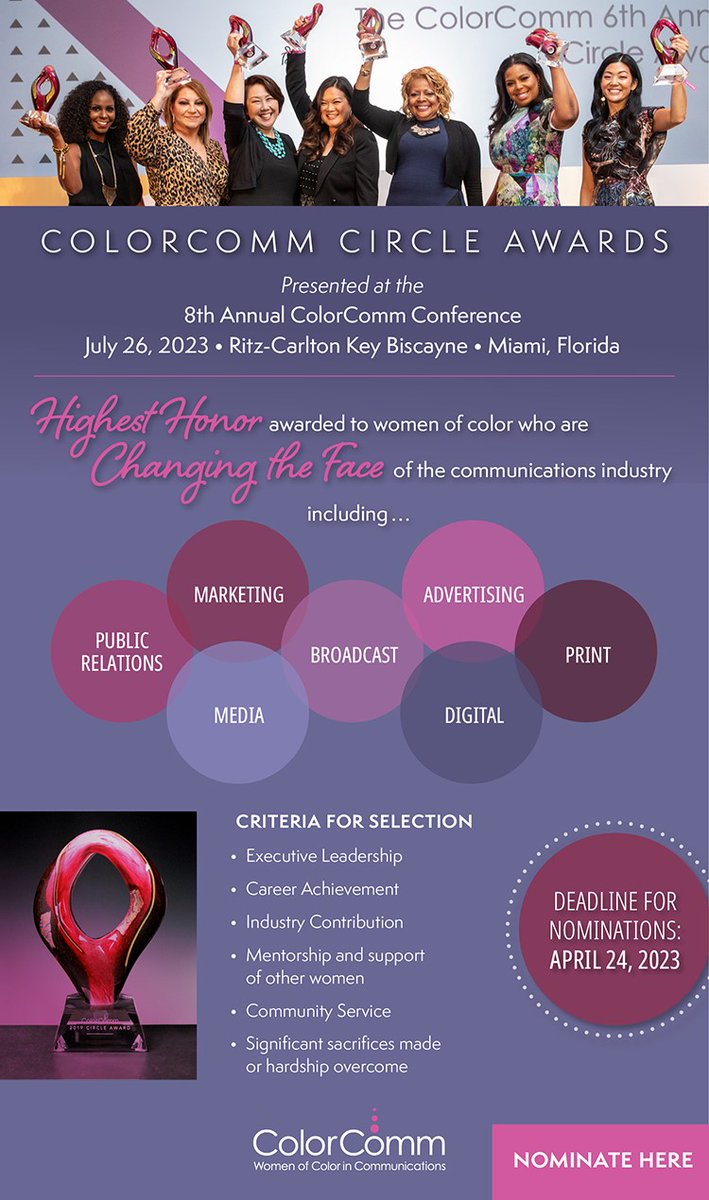 ColorCommntwk's tweet photo. Do you know any communications industry leaders or change makers? 
Nominate an inspiring woman to be honored at this year's #ColorComm Circle Awards Ceremony!  
The deadline is quickly approaching on Monday, April 24 so nominate today!
https://t.co/drX5fMuED0 https://t.co/xUXbRA9Ms7