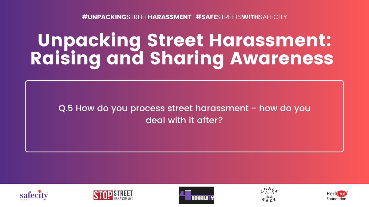 TheSafecityApp's tweet photo. 5. How do you process street harassment - how do you deal with it after?

- You can tweet your answers with the question number (e.g. A1, A2, A3)

- Use the hashtag #UnpackingStreetHarassment 

#SafeStreetsWithSafecity https://t.co/CHH55uobG0