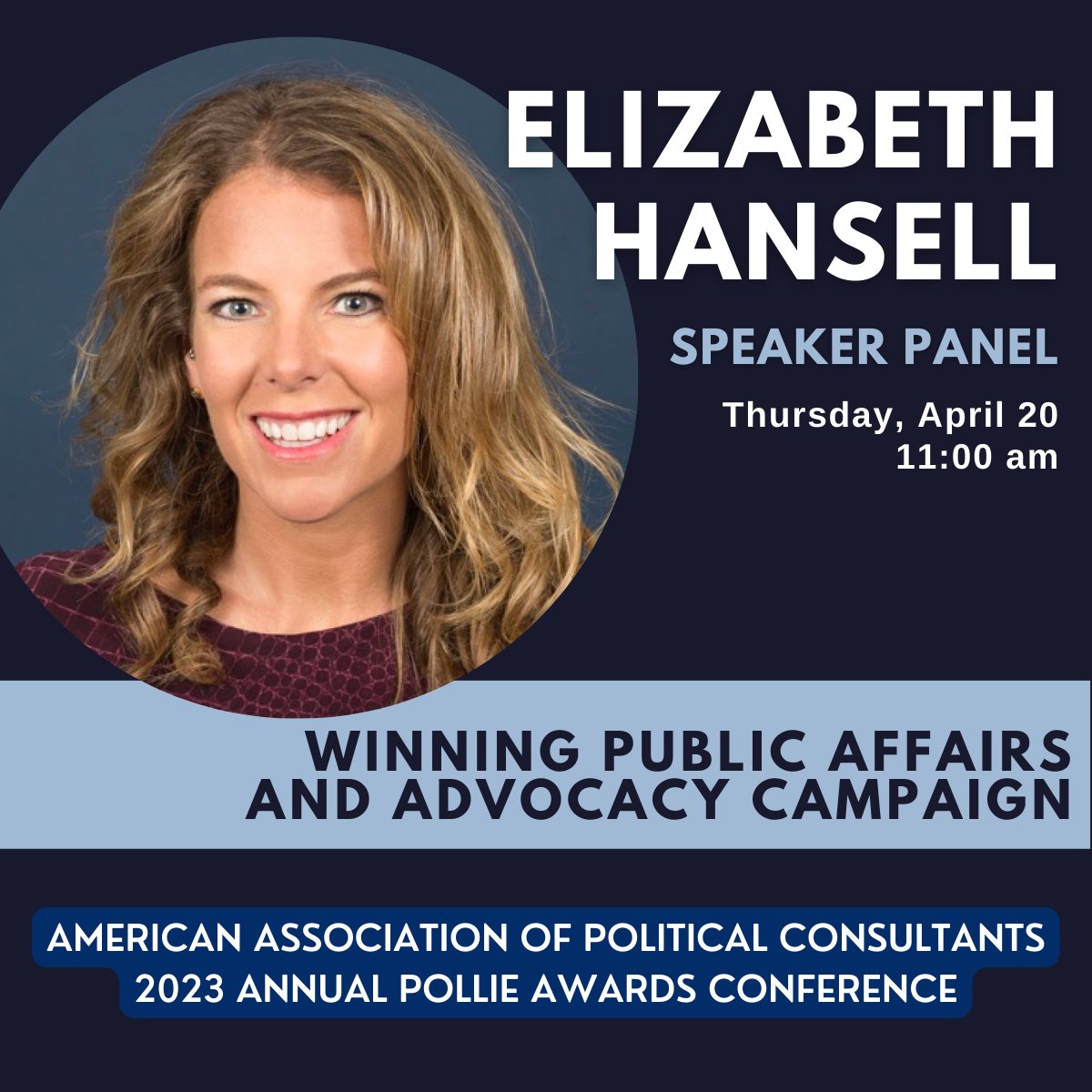 WeElevatePA's tweet photo. Our own Elizabeth Hansell will be featured today on a panel discussion "Winning Public Affairs and Advocacy Campaigns"  at the @TheAAPC 2023 Annual #PollieAwards Conference. https://t.co/G66blTCoMQ