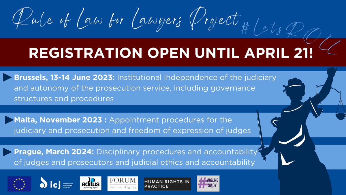 #LetsROLL ⚖️

If you're a lawyer from 🇭🇺🇵🇱🇷🇴🇨🇿🇧🇬🇸🇰🇲🇹🇪🇸 
& are interested in using #strategiclitigation to protect #judicialindependence & the #RuleOfLaw in the EU, then register by 21 April⚠️ to join our workshops!

➡️#RegisterNow: docs.google.com/forms/d/e/1FAI…