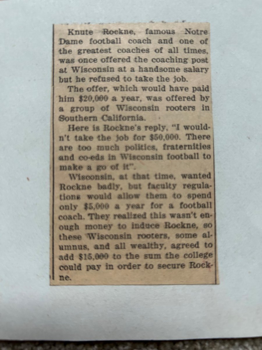 BadgersHistory's tweet photo. On the list of legends who turned down coaching opportunities with @UWBadgers -- Bob Knight and Bo Schembechler to name two -- add Knute Rockne. This clipping was in a @BadgerFootball file from 1949. Rockne led Notre Dame to three national titles from '18 to '30. He died in 1931. https://t.co/77ZBiTfaiG
