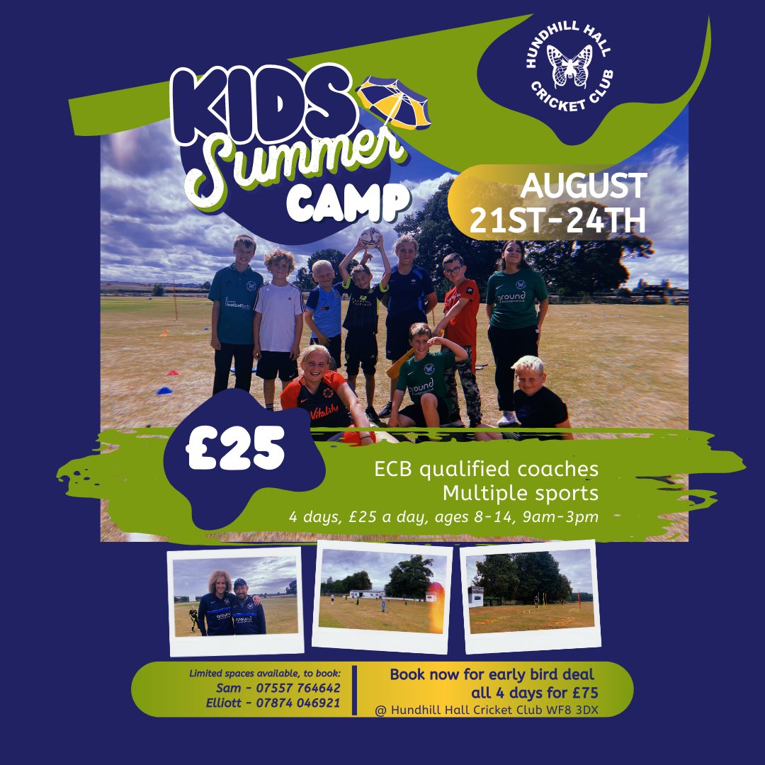 Hundhillcricket's tweet photo. SUMMER CAMP IS BACK! ☀️ 

With the Easter holidays done and dusted let’s get the summer ones planned 🙌🏼 

Book early to avoid disappointment and claim the early bird offer of ALL 4 DAYS FOR £75 🗓

We had a lot of fun last year so can’t wait to do it all again, 21st-24th August🏏 https://t.co/RjKS9d4PBY