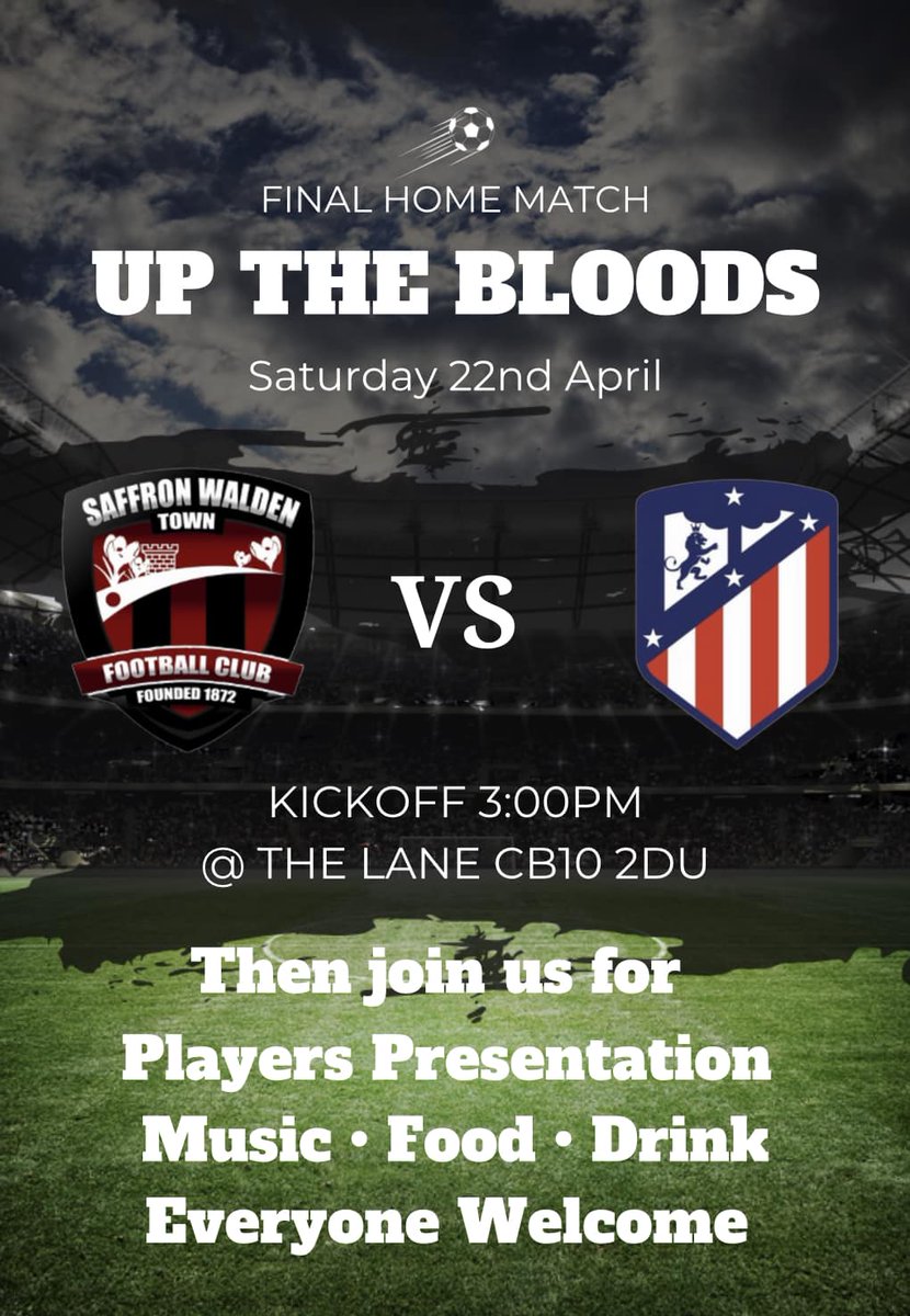 Calling All BLOODS Fans!  Can We Get 500 Through The Gate For <a href="/SWTFootballClub/">Saffron Walden Town FC</a>
Last HOME Game. Bring A Mate &amp; Double The Gate, Bring Your Gran &amp; Make Her a Fan! Come On You BLOODS!💉💉💉
<a href="/SWCommunityFC/">Saffron Walden Community FC</a> <a href="/swtic/">Saffron Walden TIC</a> <a href="/NonLeagueCrowd/">Non League Crowds</a>
<a href="/squeezefootball/">Squeeze</a> <a href="/jmsharp100/">Jamie Sharp</a> <a href="/StuartVant/">Stuart Vant</a>
<a href="/youngy2mark/">Lord Mark aka Teddys Grumps</a>
