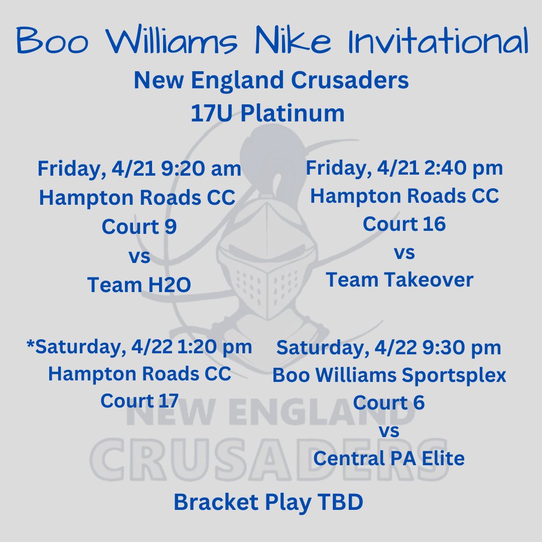 Updated u17 New England Crusader Platinum schedule, Please make s note of the added game on Sat.