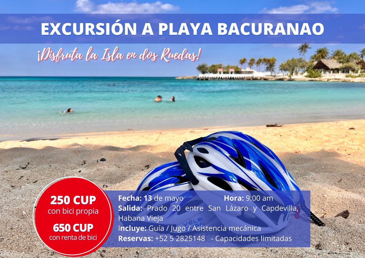 veloencuba's tweet photo. 🎉 NUEVA FECHA DE EXCURSIÓN A PLAYA BACURANAO📲👇🏼
⏰ 9:00 am
🗓️ 13 de mayo
📍Sede de Prado 20, Habana Vieja
⏳2.5 horas
🚴🏼‍♂️35 km
💲Con bici propia: 250 / Con renta de bici: 650 cup
📲RESERVAS: +5352825148 https://t.co/2usw2lAUNv