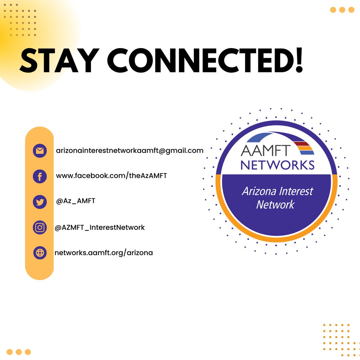Stay Connected with us and never miss an update!

#aamft #azaamft #therapy #therapist #therapistsofinstagram #lmft #marriagetherapist #emdr #conference #arizona #phoenix #chandleraz #gilbertaz #scottsdale #laveen #paradisevalley #glendale #peoria #structuraltherapy