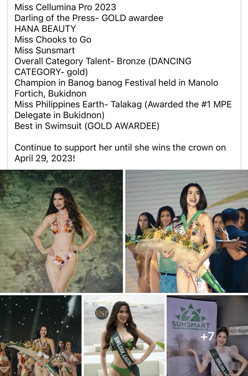 Congratulations to my niece, Yllana, for winning special awards & good luck on the coronation night on April 29, 2023. Bring home the bacon!  We’re here to support you until you win the crown 👑 #MissPhilippinesEarth2023