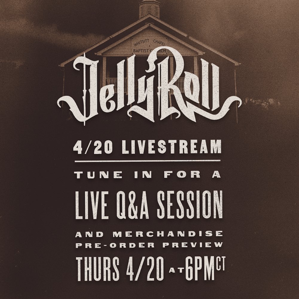 JellyRoll615's tweet photo. What’s up y’all! I’m doing a Livestream tonight at 6pm Ct on my website! I’ll be answering questions and showing y’all the presale bundle items. Come hang>>> https://t.co/Mp6achACCY https://t.co/Fd13sRq5a8
