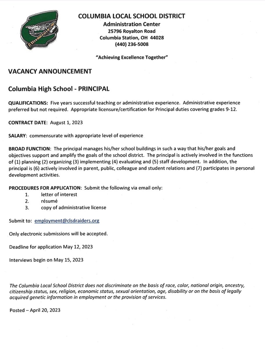 graigbansek's tweet photo. CLSD is looking to hire a Principal at CHS for the 23/24 school year.  If you are interested in joining our team, see below.  #onceaRaider #theRaiderWay @CHSRaiders @RaiderMiddle @CopopaElem https://t.co/Ss9NITQvlj
