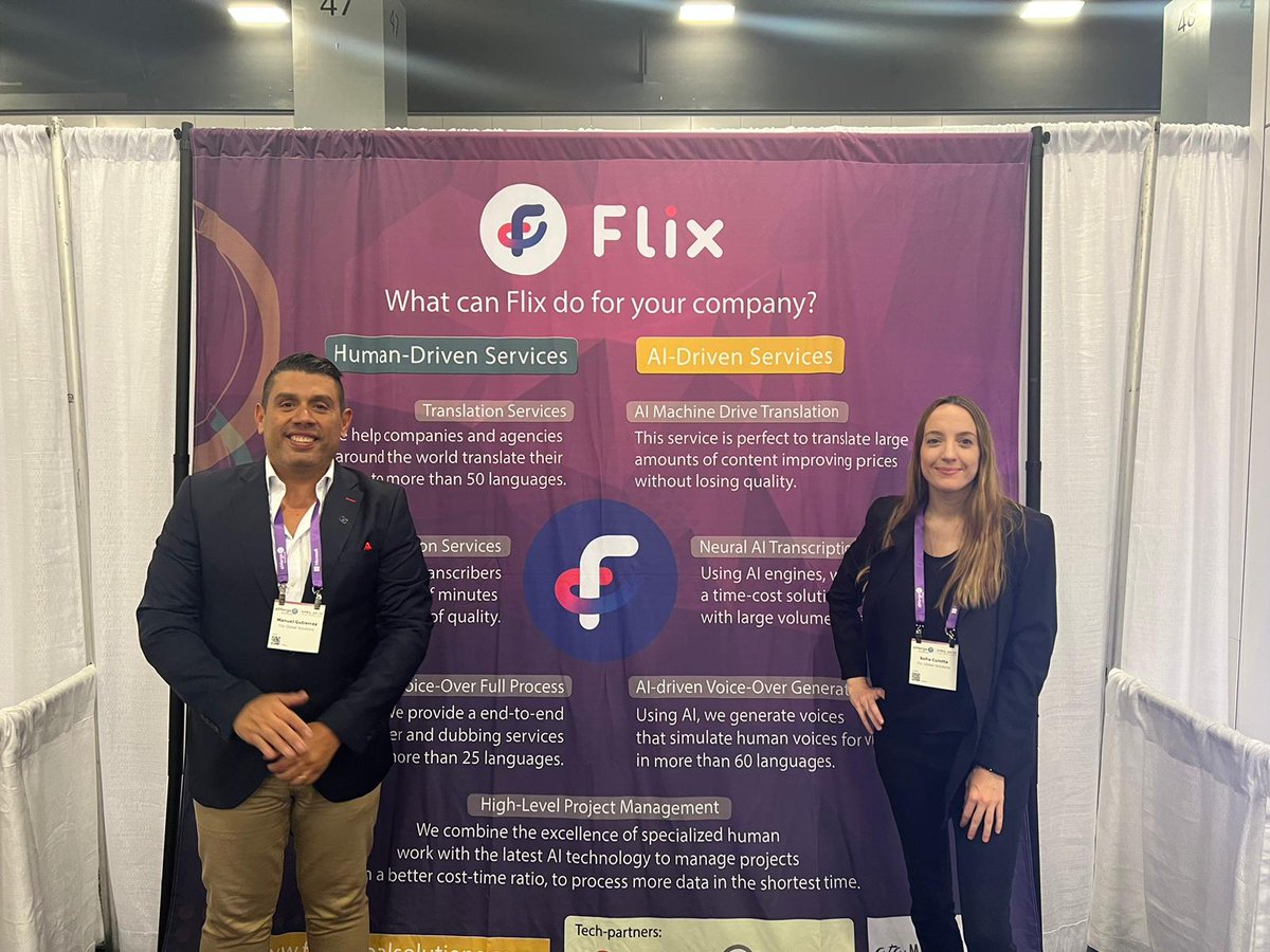 flix_trans's tweet photo. Join Sofia and Manuel on April 20 and 21 at the 
@mbconvention at the @flix_trans booth at @eMergeAmericas, the most important tech event in the last decade, and of which we are proud sponsors. See you there! #emergeamericas #xl8 #l10n #MiamiBeach #FlixEvents #WeAreFlix #FlixTeam https://t.co/4aPwAYPOry