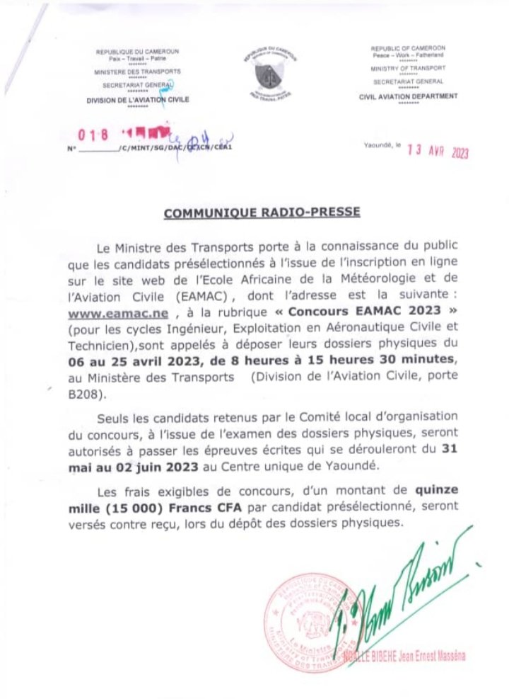 camertrans's tweet photo. CONCOURS D'ENTREE À L'EAMAC (École Africaine de la Météorologie et de l'Aviation), édition 2023:
Nous comptons sur vous pour partager au maximum cette information afin que nos jeunes frères et sœurs aient une chance de déposer leurs dossiers à temps.
#eamac
#asecna
#mint237 https://t.co/qy01xN2aHo