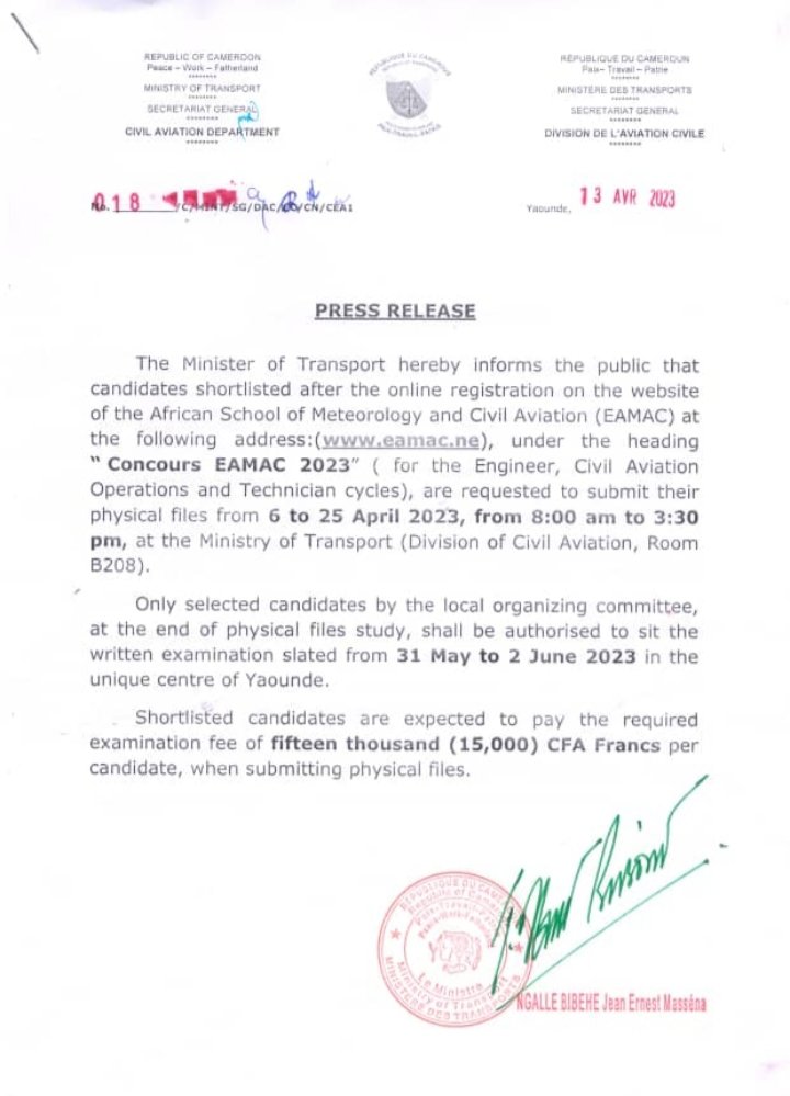 camertrans's tweet photo. CONCOURS D'ENTREE À L'EAMAC (École Africaine de la Météorologie et de l'Aviation), édition 2023:
Nous comptons sur vous pour partager au maximum cette information afin que nos jeunes frères et sœurs aient une chance de déposer leurs dossiers à temps.
#eamac
#asecna
#mint237 https://t.co/qy01xN2aHo