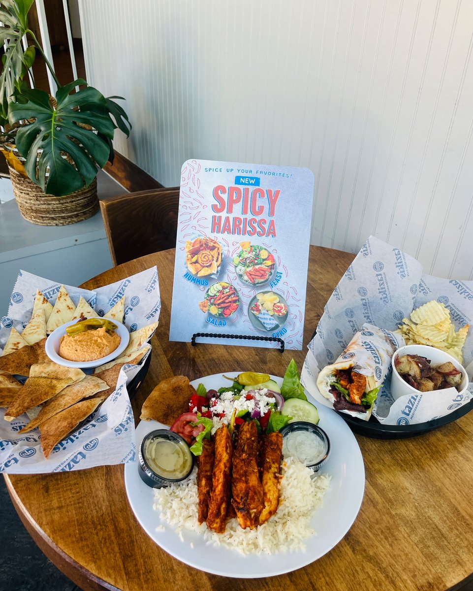 NEW MENU ITEMS 🚨🚨 Taziki's fam, you don't want to miss this! We now have spicy harissa items on the menu: hummus, gyros, salads, and feasts 😍