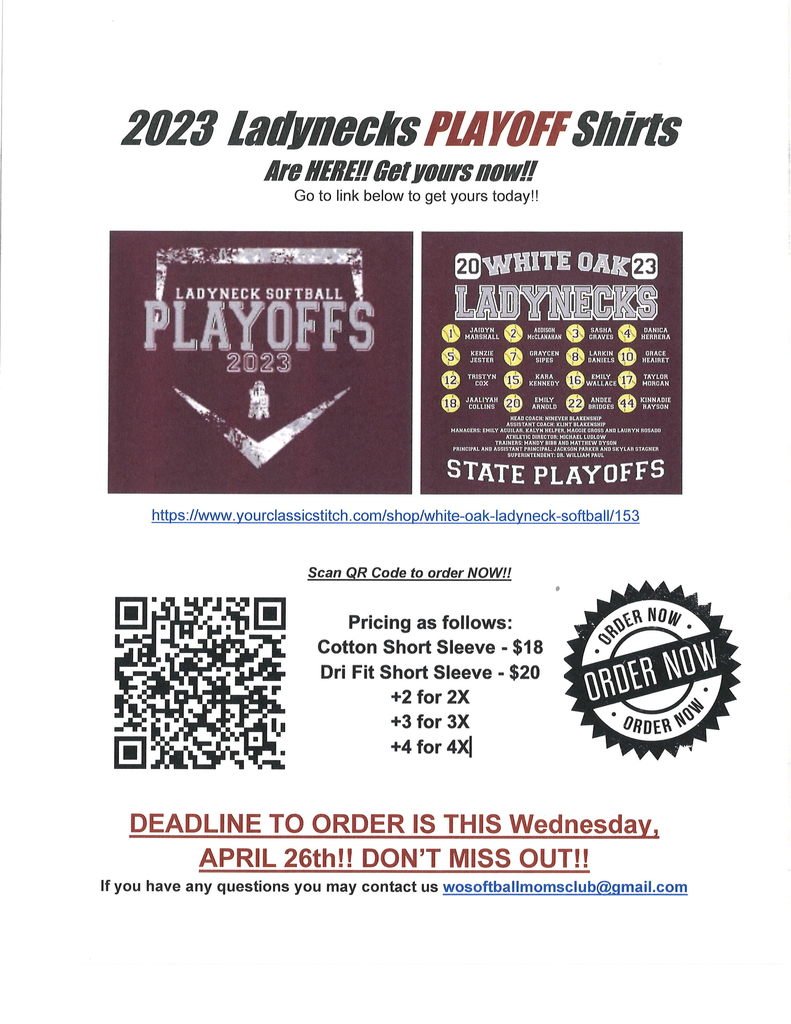 Order your SOFTBALL DISTRICT CHAMP shirt TODAY!!
DEADLINE TO ORDER IS THIS Wednesday, APRIL 26th!! DON’T MISS OUT!!
If you have any questions, email -  wosoftballmomsclub@gmail.com