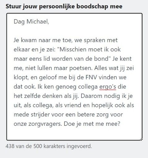 Micheal is boos, want als ergotherapeut vind de organisatie hem als eerstelijn behandelaar niet belangrijk. Na vele gesprekken toch besloten om zich aan te melden bij <a href="/FNV/">FNV</a>. Ik ken micheal en hij mij, samen strijden we voor eerlijke zorg voor zorgvragers en voor collega's #doemee