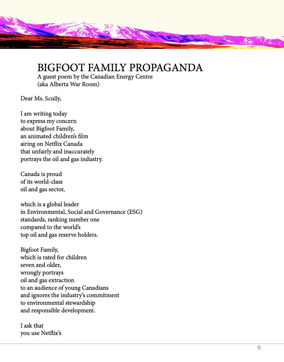 bigfootbumbles's tweet photo. @PhilipTurnbull @elonmusk Exactly... here's a poem from our #JasonKenney book that shows the nonsense the CEC gets up to with OUR tax dollars. The poem is a direct citation of their letter to Netflix complaining that the Bigfoot movie was undermining Oil and Gas. #AbLeg #AbPoli https://t.co/cgNxO2krYy