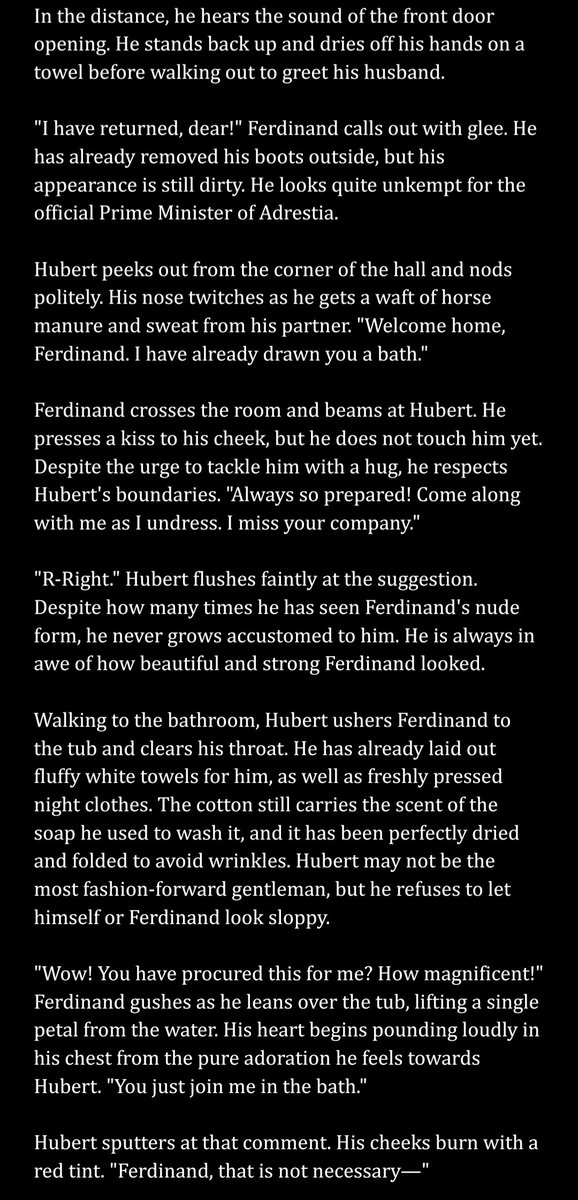 MahouMiss's tweet photo. "Bathtime" | Malewife Hubert Drabble #2 | #ferdibert #FerHu | CW: FTM Hubert, NSFW, M-Rated
SUMMARY: Hubert will not stand for Ferdinand smelling like the horses he adores. He draws his husband a bath, which they end up sharing. https://t.co/SBMUJB1Mq8