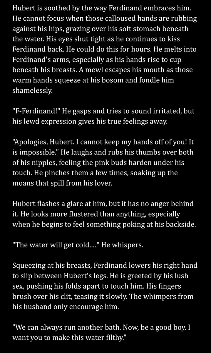 MahouMiss's tweet photo. "Bathtime" | Malewife Hubert Drabble #2 | #ferdibert #FerHu | CW: FTM Hubert, NSFW, M-Rated
SUMMARY: Hubert will not stand for Ferdinand smelling like the horses he adores. He draws his husband a bath, which they end up sharing. https://t.co/SBMUJB1Mq8