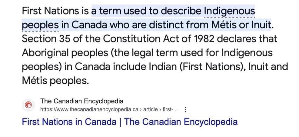 @MatariaJohanne @HA_Fernandez You darling should educate yourself ‘First Nations’ our indigenous are NOT.. 
‘First Nations’ is a term used to describe Indigenous peoples in Canada who are distinct from Métis or Inuit. Section 35 of the Constitution Act of 1982 declares that Aboriginal peoples (the legal term…