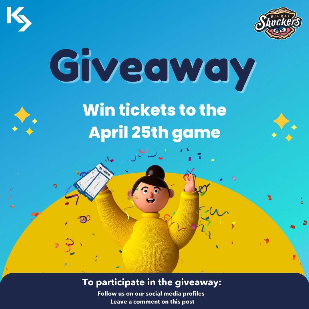 Kloud7LLC's tweet photo. Join our giveaway for a chance to win tickets to your favorite @officialbiloxishuckers game on April 25th, 2023!  Follow us on our social media to participate.  Winners will be chosen randomly.  

#Kloud7 #BiloxiShuckers #Giveaway #GameTickets #PensacolaBlueWahoos #Communication https://t.co/cfPQ1bJnSI